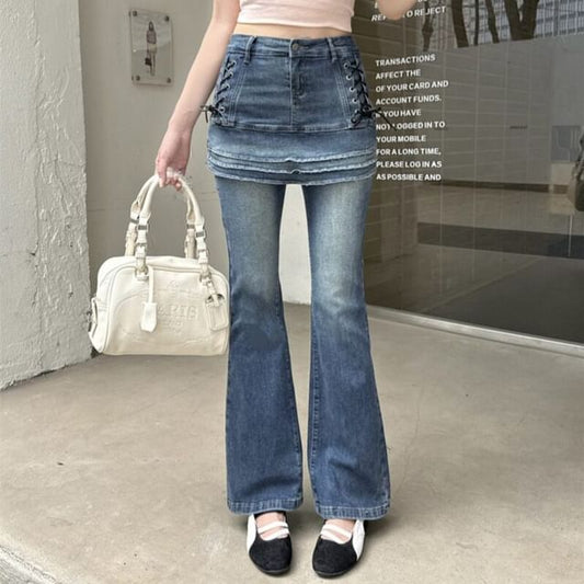 High Waist Skirt Overlay Washed Flared Jeans