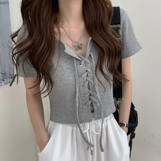 Square Neck Ribbed Lace Up Top Short Sleeve