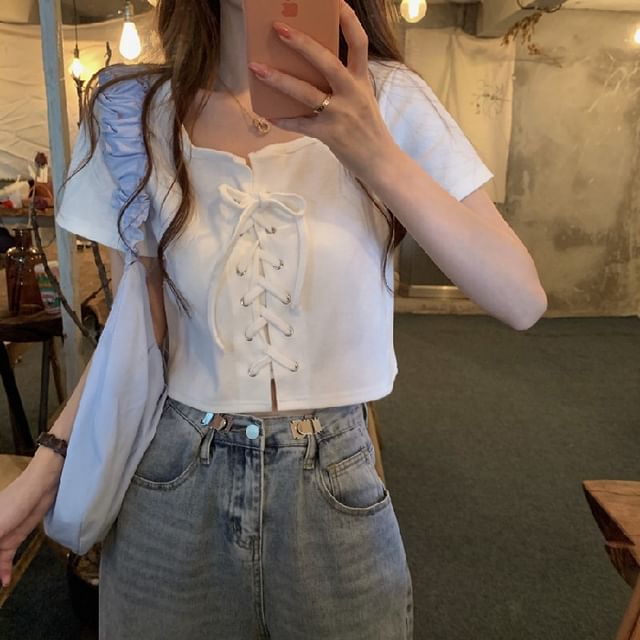 Square Neck Ribbed Lace Up Top Short Sleeve