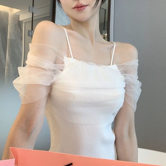 Cold Shoulder Mesh Panel Ribbed Knit Camisole