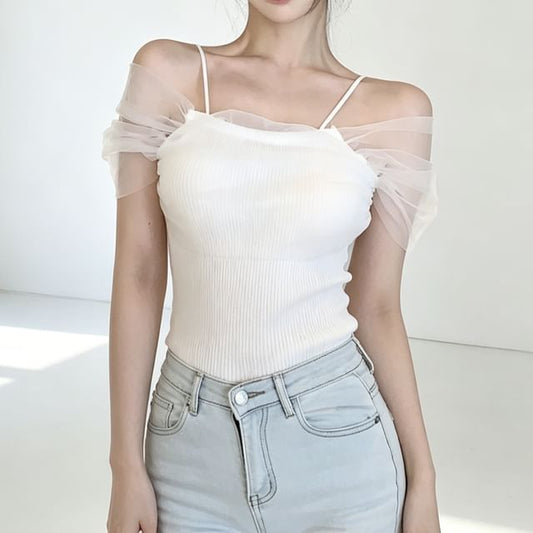 Cold Shoulder Mesh Panel Ribbed Knit Camisole