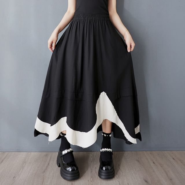 Elastic Waist Asymmetrical Maxi A-Line Skirt