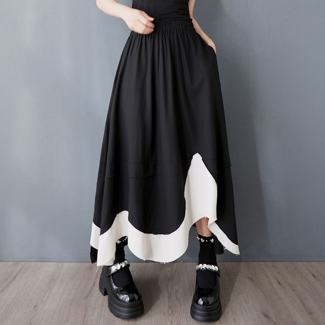 Elastic Waist Asymmetrical Maxi A-Line Skirt
