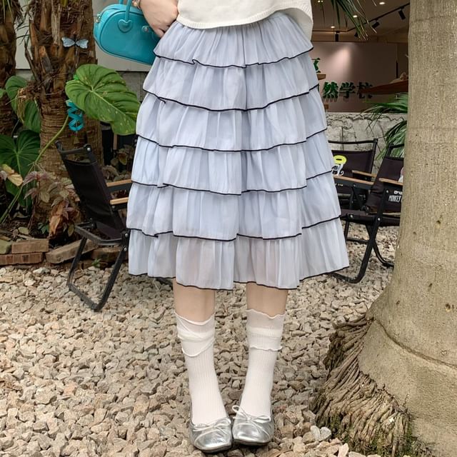 Mid Rise Plain Contrast Trim Midi Tiered Skirt