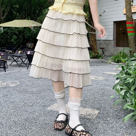 Mid Rise Plain Contrast Trim Midi Tiered Skirt