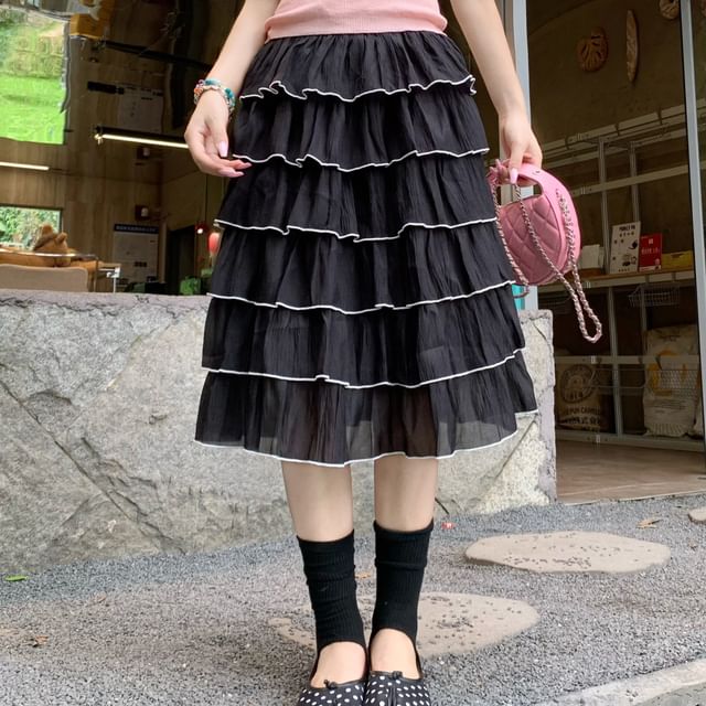 Mid Rise Plain Contrast Trim Midi Tiered Skirt