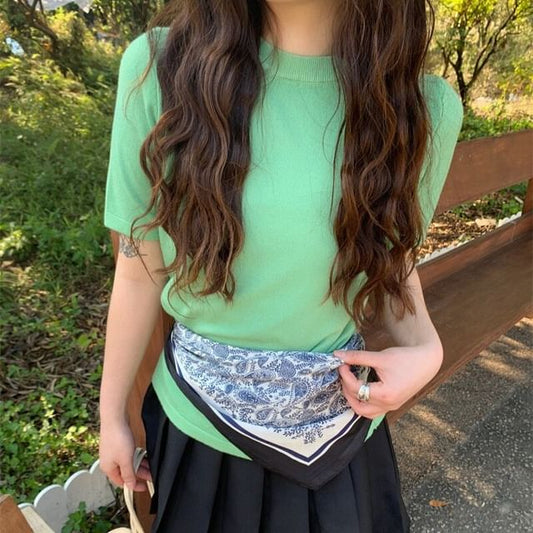 Crew Neck Knit Short Sleeve Blouse