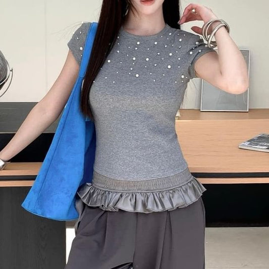 Short Sleeve Crew Neck Faux Pearl Ruffle Tee