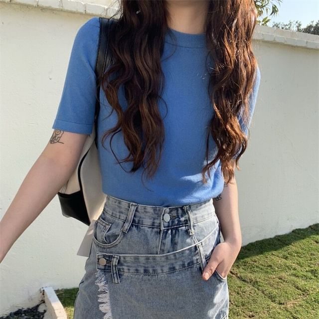 Crew Neck Knit Short Sleeve Blouse