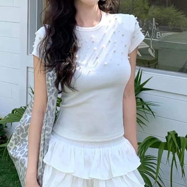 Short Sleeve Crew Neck Faux Pearl Ruffle Tee