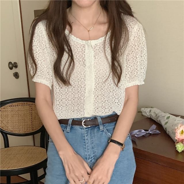 Short-Sleeve Scoop Neck Crochet Button Up Blouse