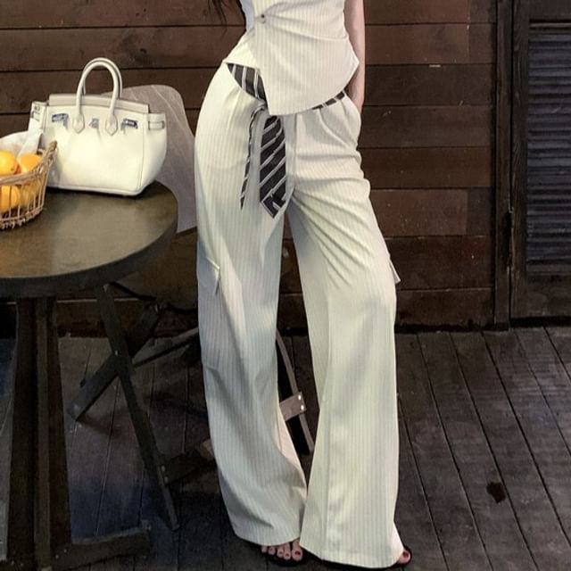 V-Neck Collared Pinstripe Asymmetrical Crop Tank & Wide Leg Pants Set