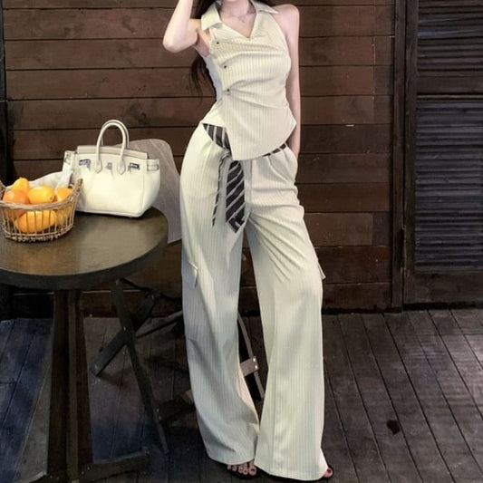 V-Neck Collared Pinstripe Asymmetrical Crop Tank & Wide Leg Pants Set