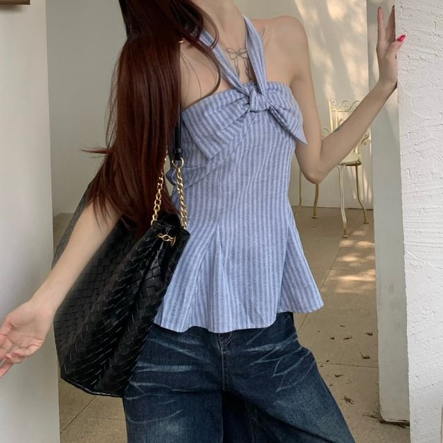 Halter Neck Striped Peplum Crop Top