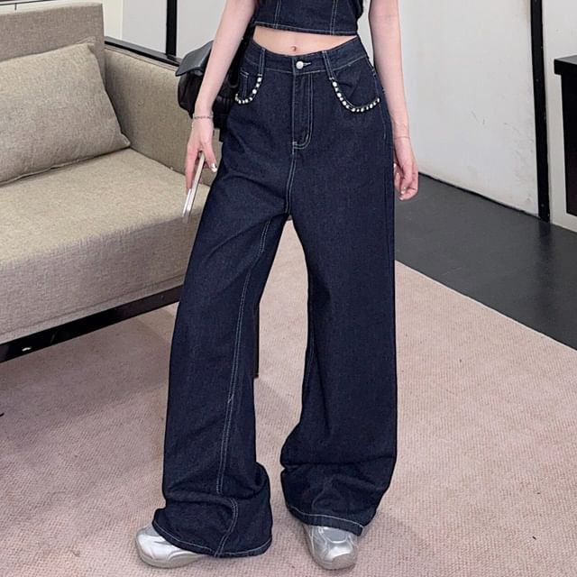 Embellished Denim Crop Camisole & Wide Leg Jeans
