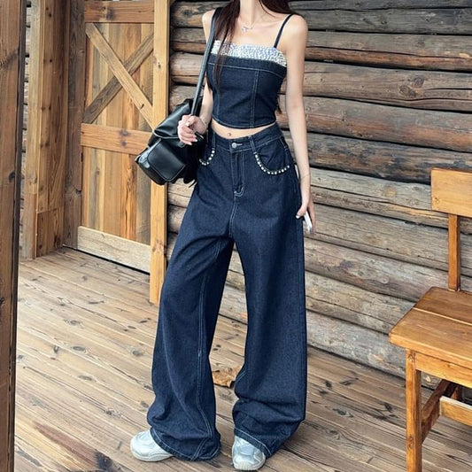 Embellished Denim Crop Camisole & Wide Leg Jeans