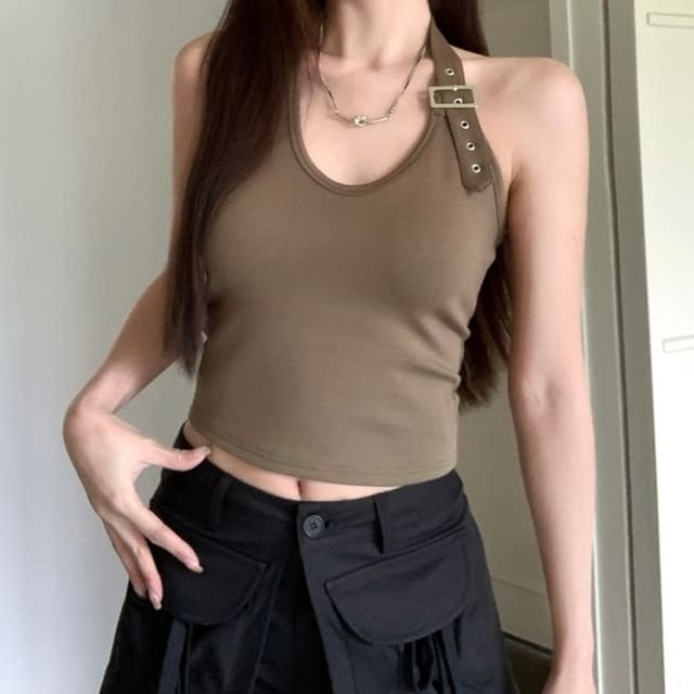 V-Neck Halter Buckled Open Back Crop Top