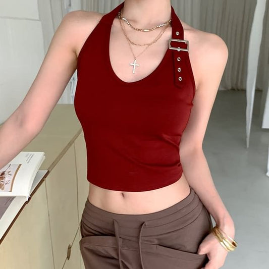 V-Neck Halter Buckled Open Back Crop Top