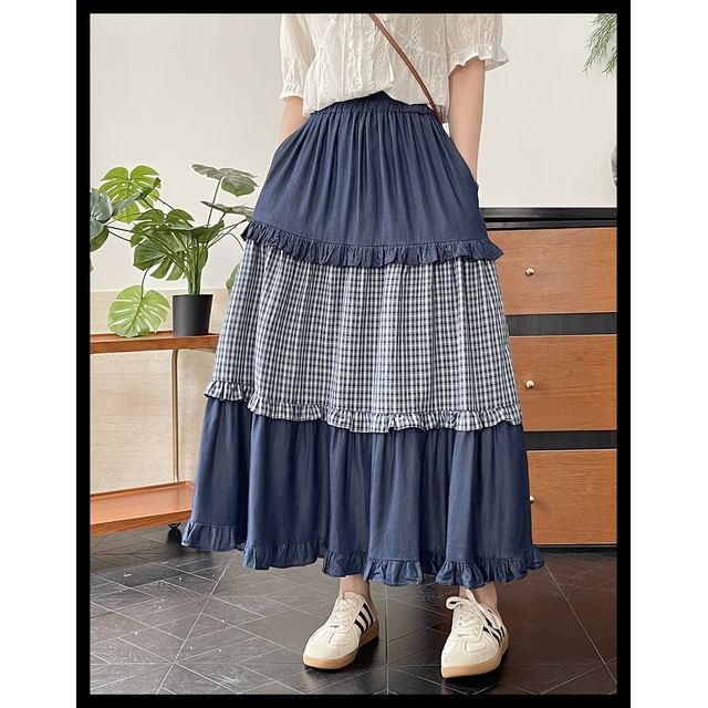 High Waist Frill Trim Plaid Panel Maxi A-Line Skirt