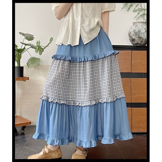 High Waist Frill Trim Plaid Panel Maxi A-Line Skirt