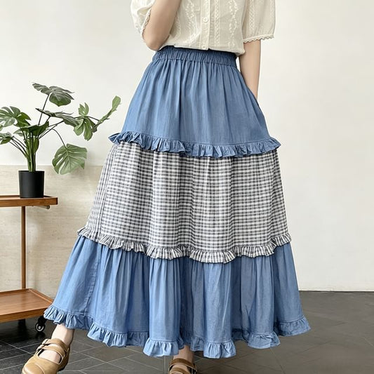 High Waist Frill Trim Plaid Panel Maxi A-Line Skirt