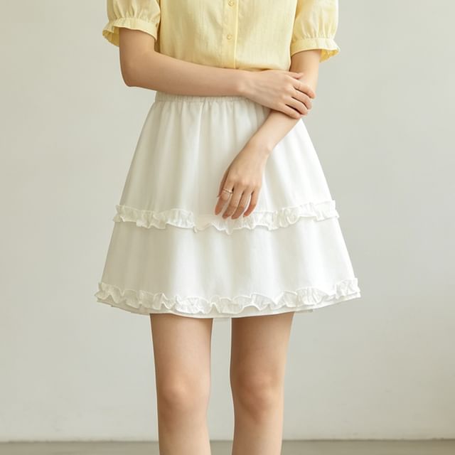 Low Waist Frill Trim Plain Mini A-Line Skirt