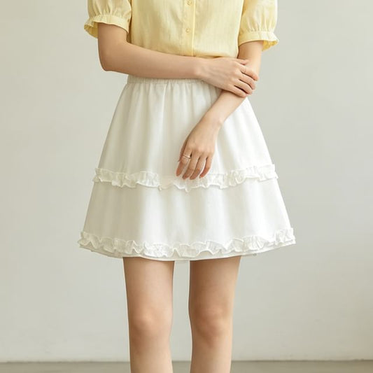 Low Waist Frill Trim Plain Mini A-Line Skirt