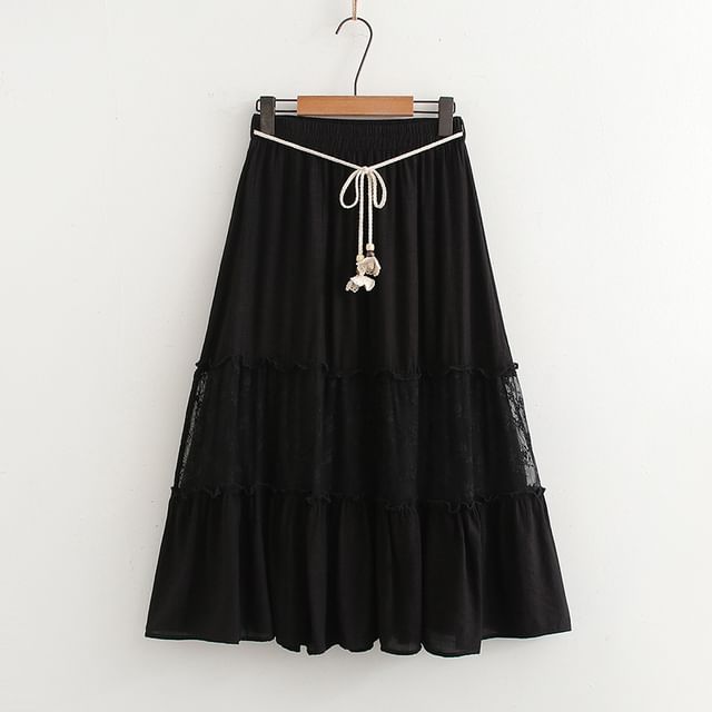 High Waist Lace Panel Maxi A-Line Skirt
