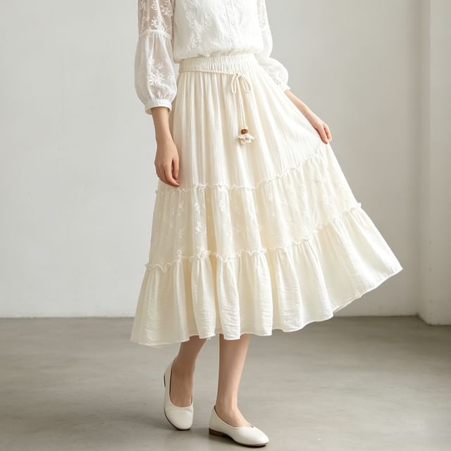 High Waist Lace Panel Maxi A-Line Skirt