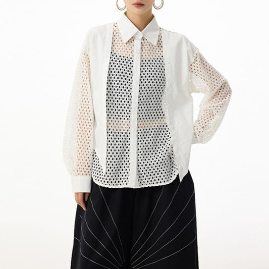Long Sleeve Collared Panel Mesh Shirt