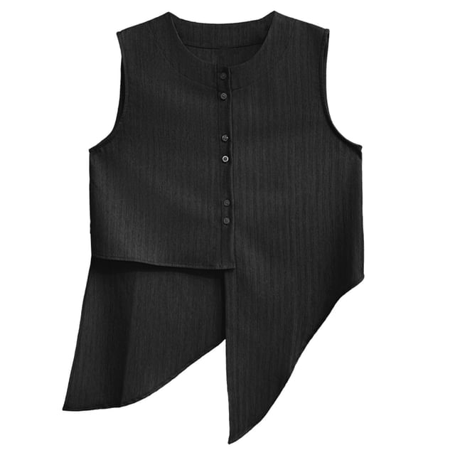 Sleeveless Round Neck Striped Asymmetrical Button Top & Wide Leg Pants