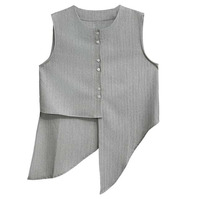 Sleeveless Round Neck Striped Asymmetrical Button Top & Wide Leg Pants