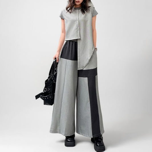 Sleeveless Round Neck Striped Asymmetrical Button Top & Wide Leg Pants