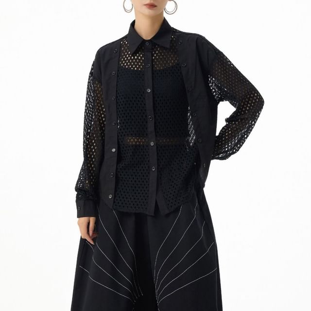 Long Sleeve Collared Panel Mesh Shirt