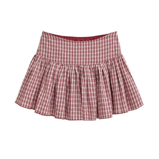 Plaid Elastic Waist Pleated Mini A-line Skirt