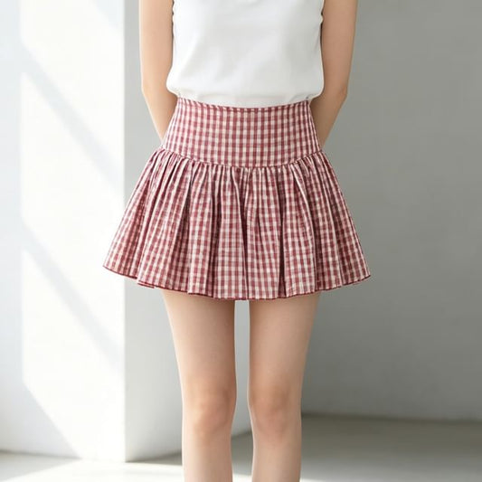 Plaid Elastic Waist Pleated Mini A-line Skirt