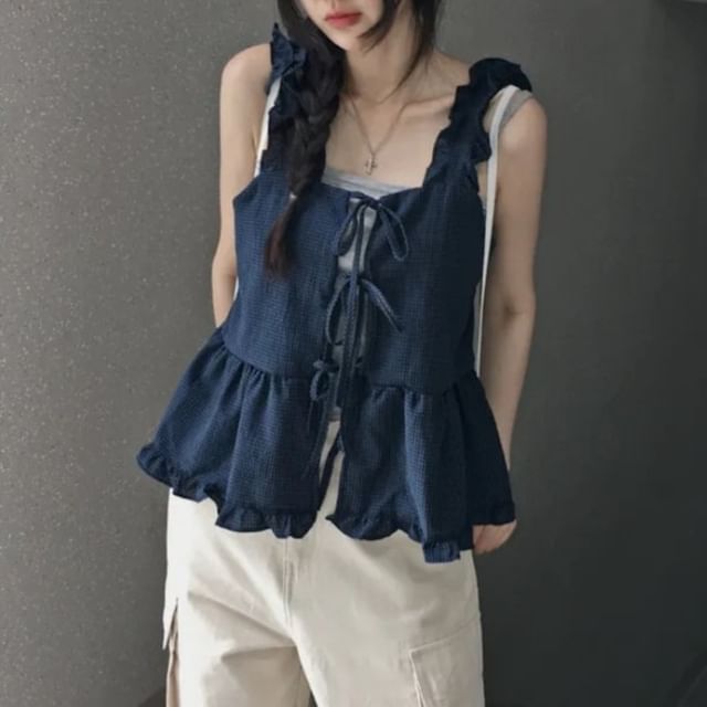 Sleeveless Square Neck Tie Front Ruffle Camisole Top
