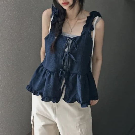 Sleeveless Square Neck Tie Front Ruffle Camisole Top