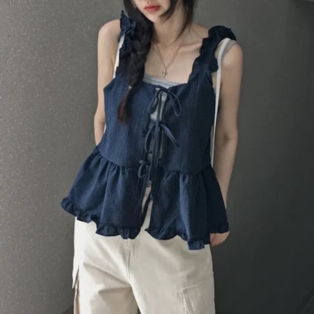 Sleeveless Square Neck Tie Front Ruffle Camisole Top