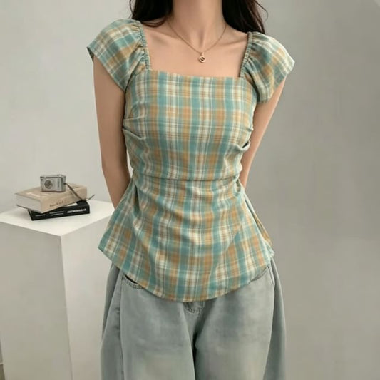Short Sleeve Square Neck Plaid Ruched Top