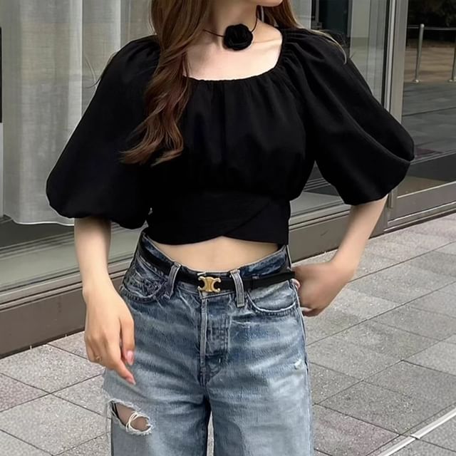 Puff Elbow Sleeve Scoop Neck Crop Top