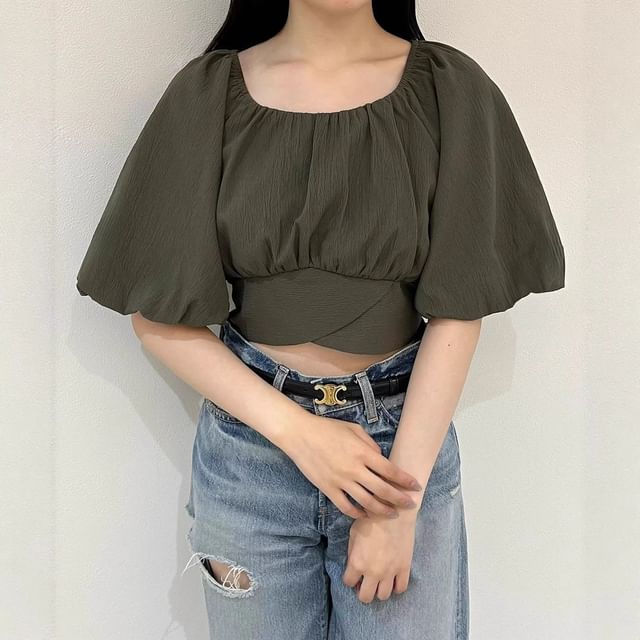 Puff Elbow Sleeve Scoop Neck Crop Top