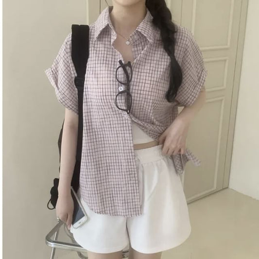 Short Sleeve Collared Plaid Button Up Shirt