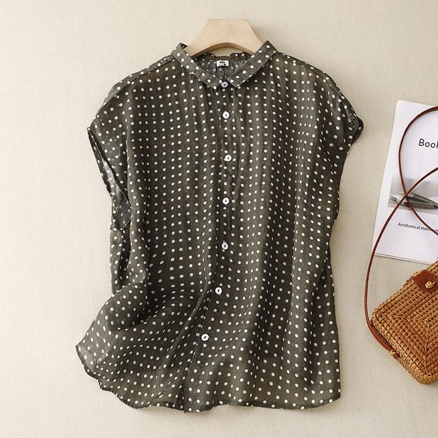 Sleeveless Collared Dotted Button Up Shirt
