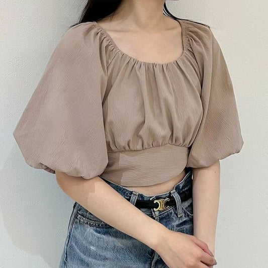 Puff Elbow Sleeve Scoop Neck Crop Top