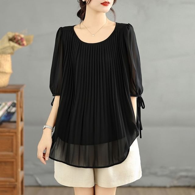 Scoop Neck Pleated Elbow Sleeve Blouse