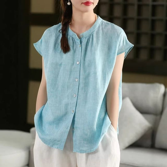 Cap Sleeve Band Collar Linen Button Up Shirt
