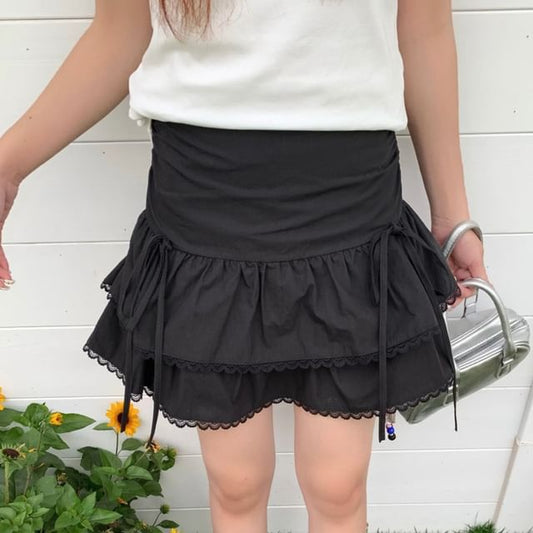 High Waist Plain Lace Trim Layered Mini A-Line Skirt