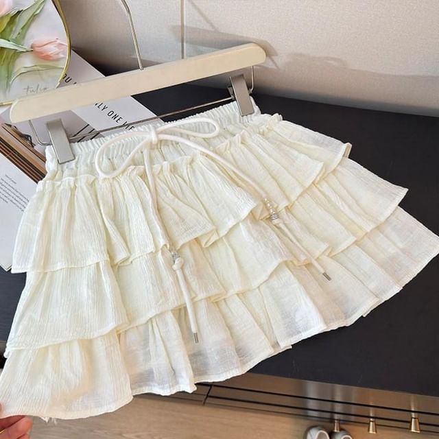 Drawstring Waist Plain Tiered Ruffle Mini A-Line Skirt