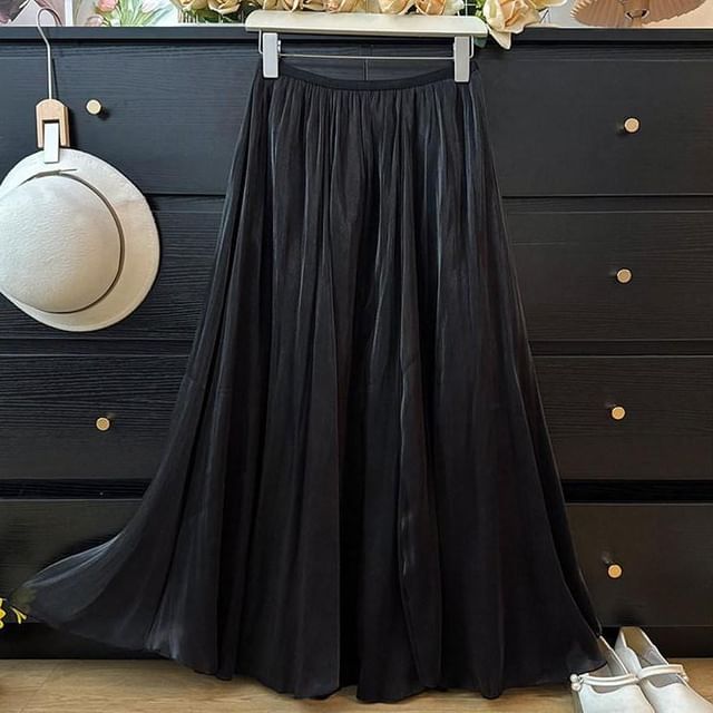 High Waist Plain Sheer Maxi A-Line Skirt